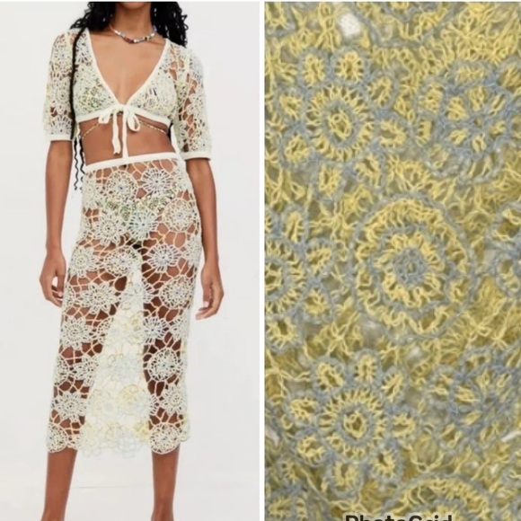 NWT For Love And Lemons Sofia Floral Yellow Blue Crochet Midi Skirt Small - Picture 1 of 14